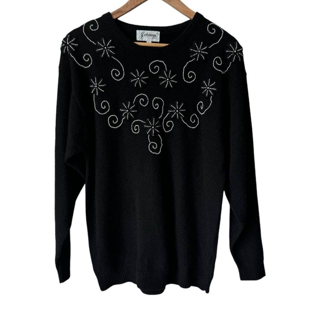 Vintage Jubiana Stylist Angora Wool Beaded Floral Black Sweater Women's Size L